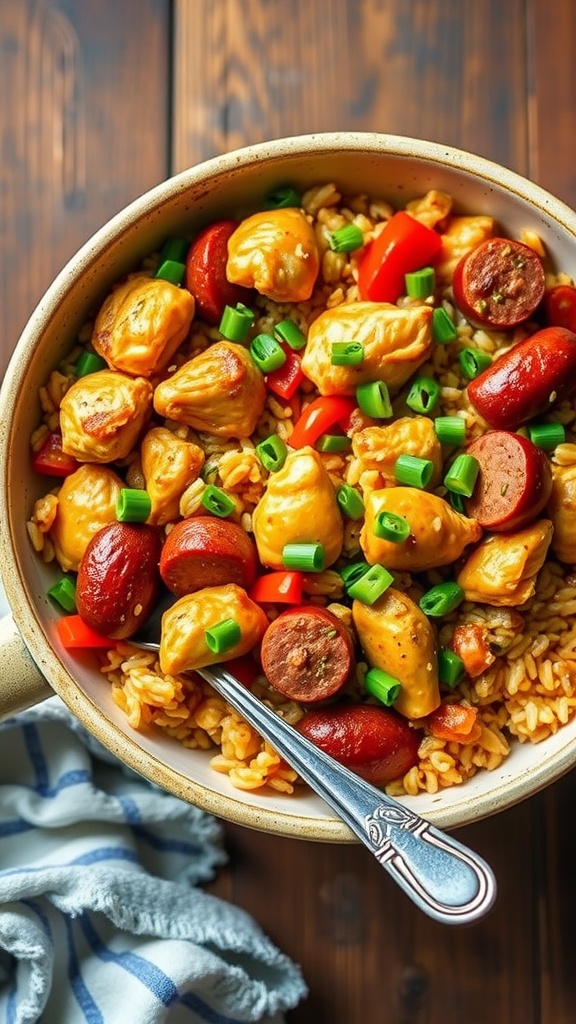 A hearty bowl of chicken jambalaya with chicken, sausage, peppers, rice, garnished with green onions on a rustic table.
